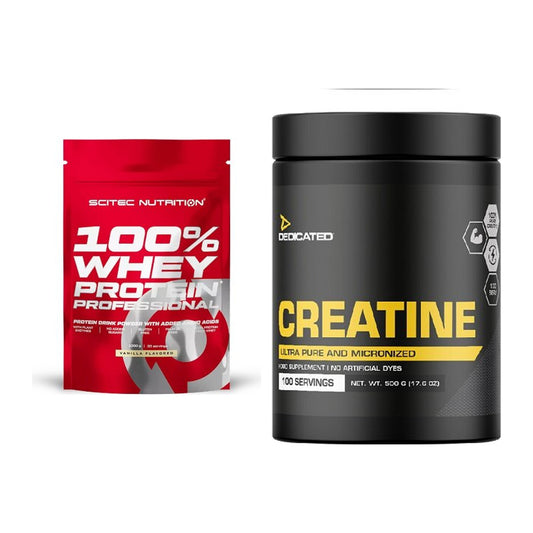 Muskelaufbau-Set: Scitec 100% Whey Protein + Dedicated Creatine – alle enthaltenen Artikel