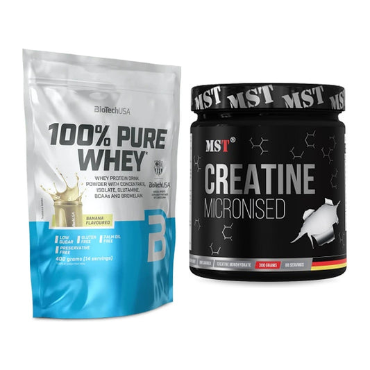 Muskelaufbau-Set: BioTech 100% Pure Whey + MST Creatin Monohydrate – alle enthaltenen Artikel