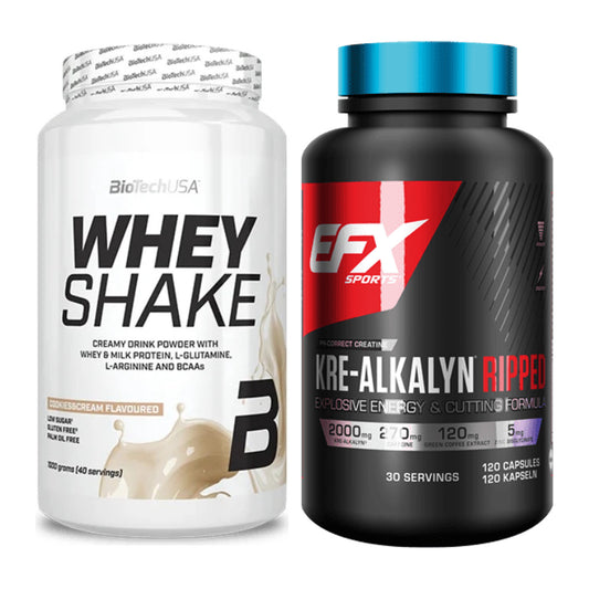 Muskelaufbau-Set: BioTech Whey Shake + EFX Kre-Alkalyn Ripped Kapsel – alle enthaltenen Artikel