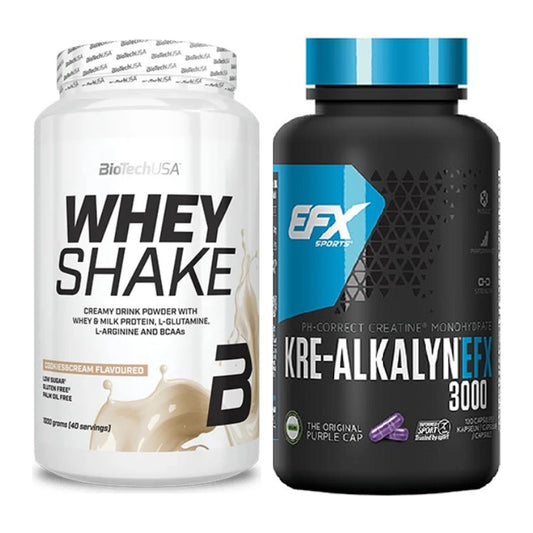 Muskelaufbau-Set: BioTech Whey Shake + EFX Kre-Alkalyn 3000 – alle enthaltenen Artikel