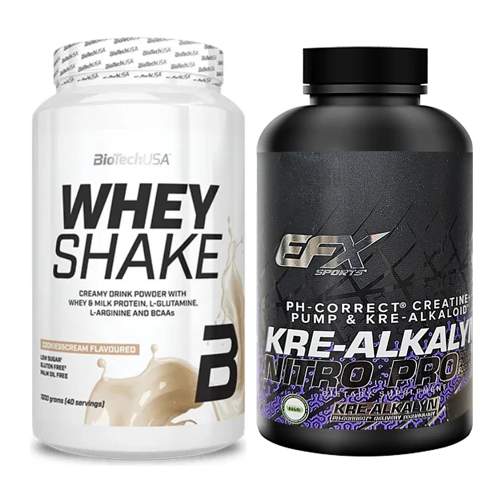 Muskelaufbau-Set: BioTech Whey Shake 1000g + EFX Kre-Alkalyn Nitro PRO – alle enthaltenen Artikel