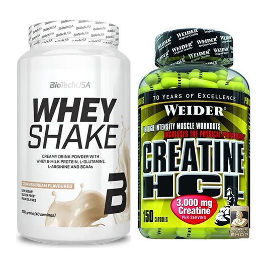 Muskelaufbau-Set: BioTech Whey Shake 1000g + Weider Creatin HCL – alle enthaltenen Artikel
