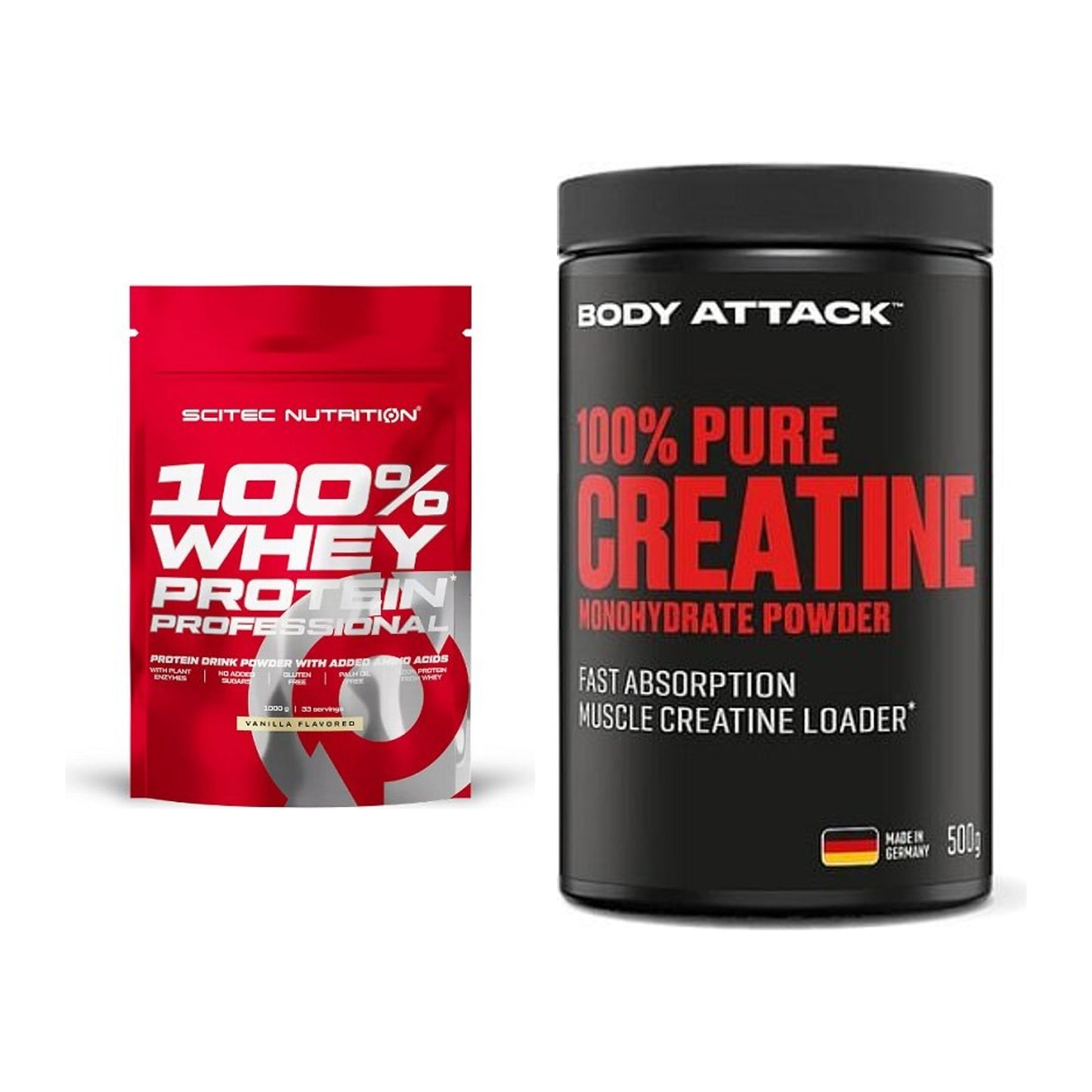 Muskelaufbau-Set: Scitec 100% Whey Protein + Body Attack 100% Pure – alle enthaltenen Artikel
