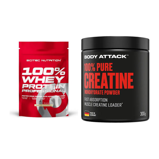 Muskelaufbau-Set: Scitec 100% Whey Protein + Body Attack 100% Pure – alle enthaltenen Artikel