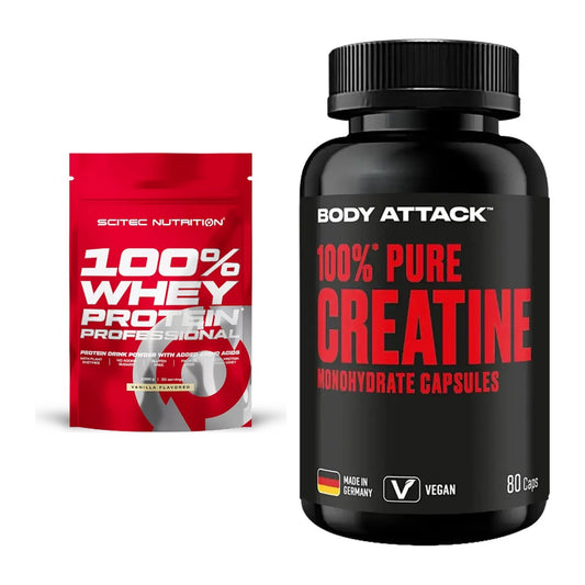 Muskelaufbau-Set: Scitec 100% Whey Protein + Body Attack 100% Pure – alle enthaltenen Artikel