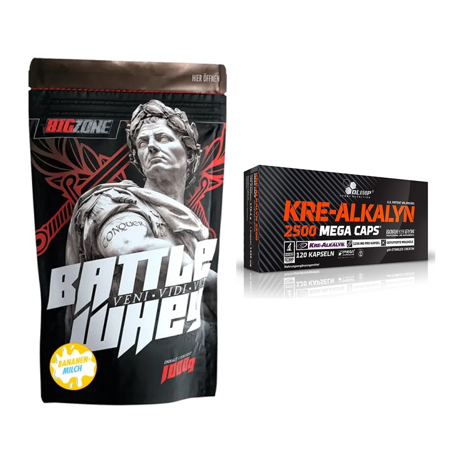 Muskelaufbau-Set: Big Zone Battle Whey + Olimp Kre Alkalyn 2500 – alle enthaltenen Artikel