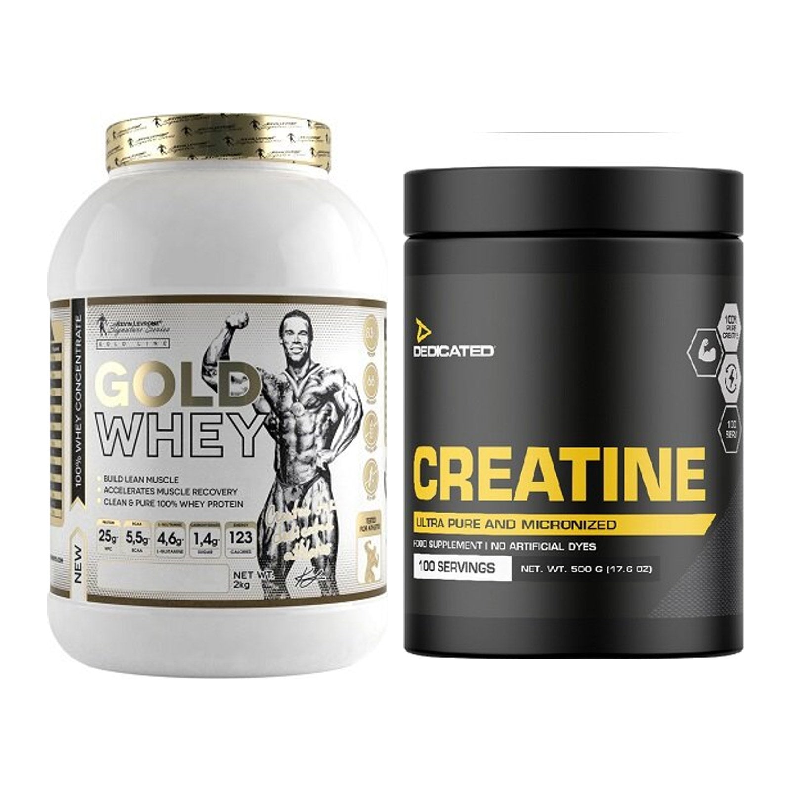 Muskelaufbau-Set: Kevin Levrone Gold Whey 2 kg + Dedicated Creatine – alle enthaltenen Artikel