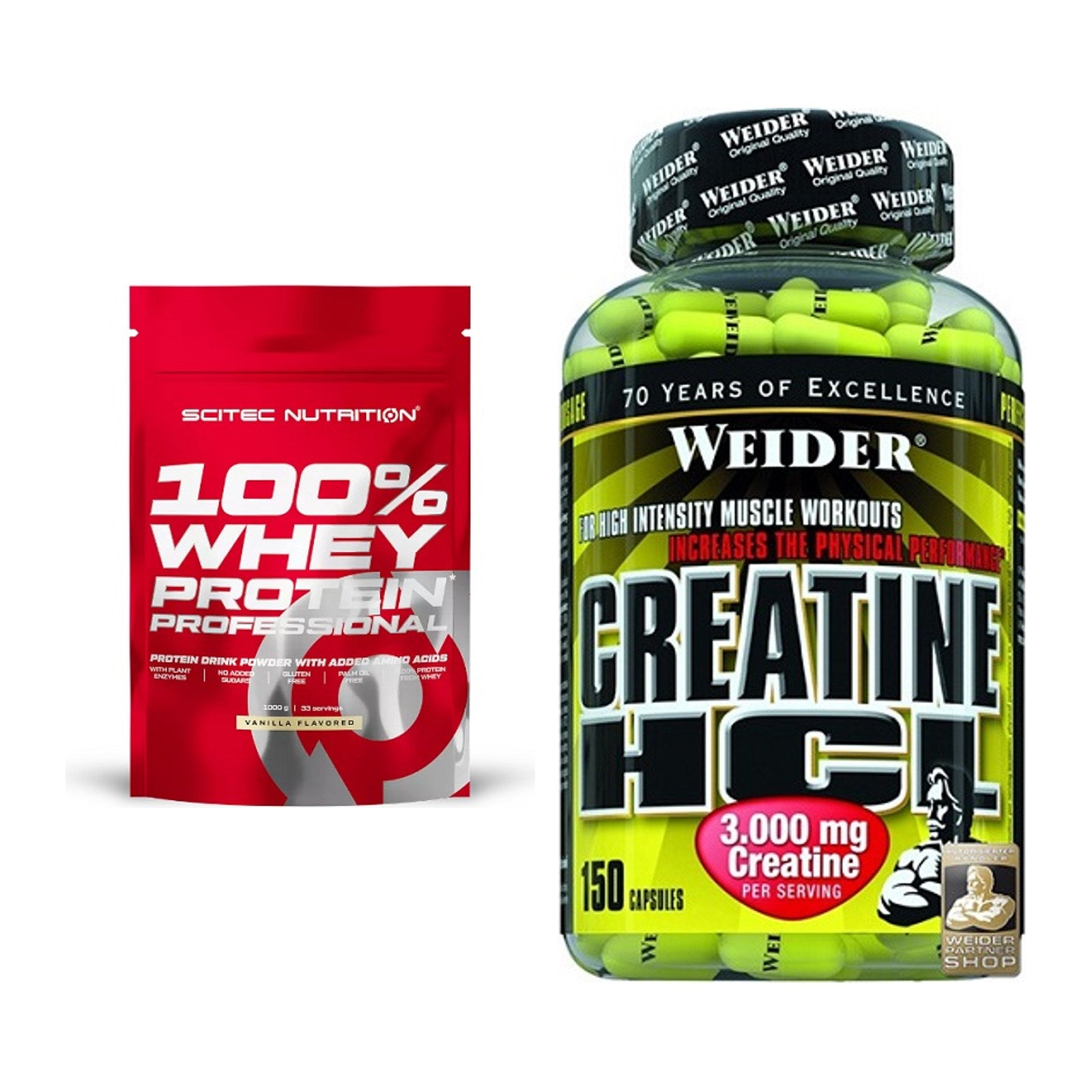 Muskelaufbau-Set: Scitec 100% Whey Protein + Weider Creatin HCL – alle enthaltenen Artikel