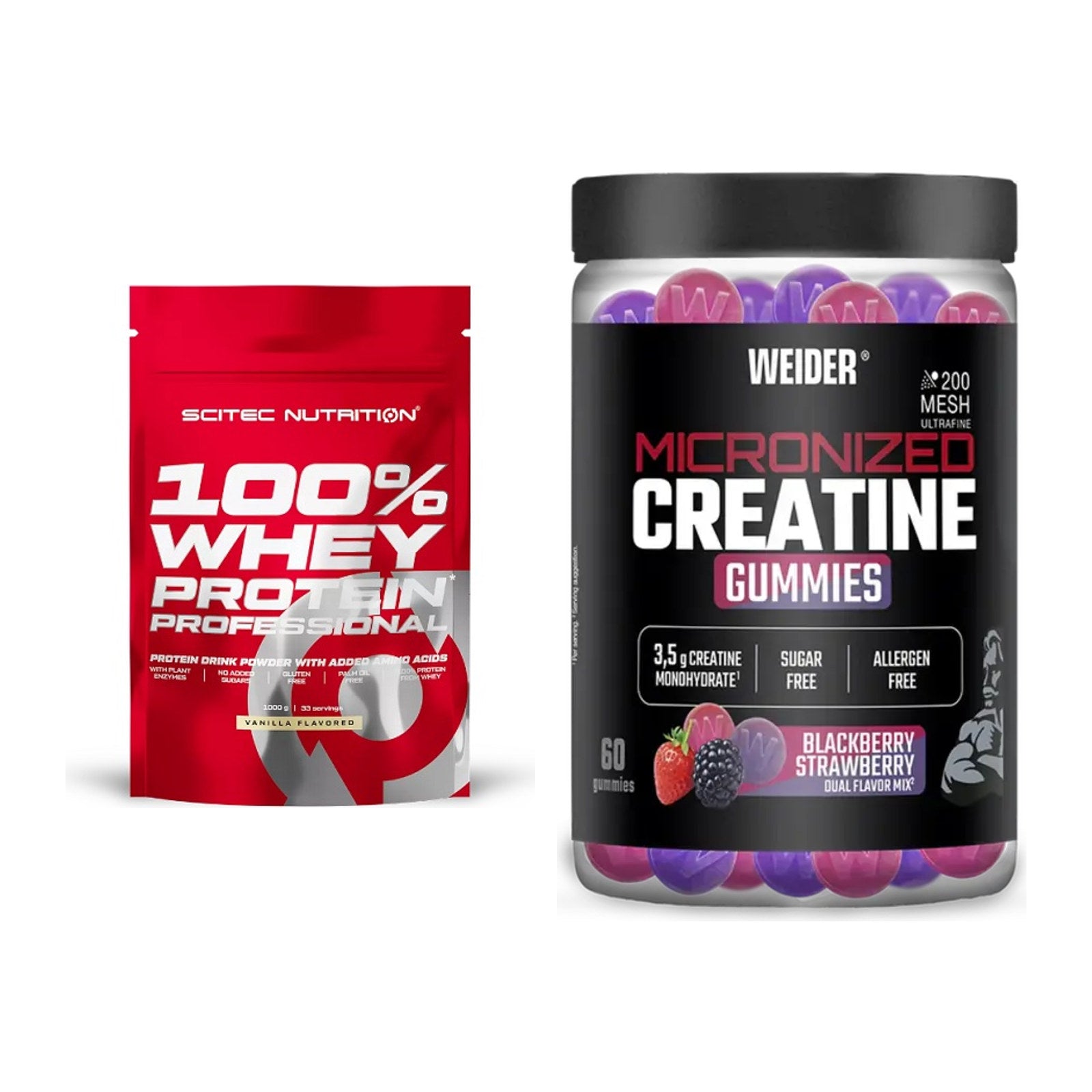 Muskelaufbau-Set: Scitec 100% Whey Protein + Weider Micronized – alle enthaltenen Artikel