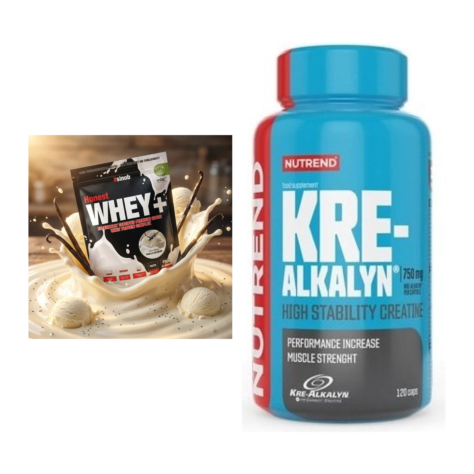 Muskelaufbau-Set: Sinob Honest Whey+ + Nutrend Kre-Alkalyn – alle enthaltenen Artikel