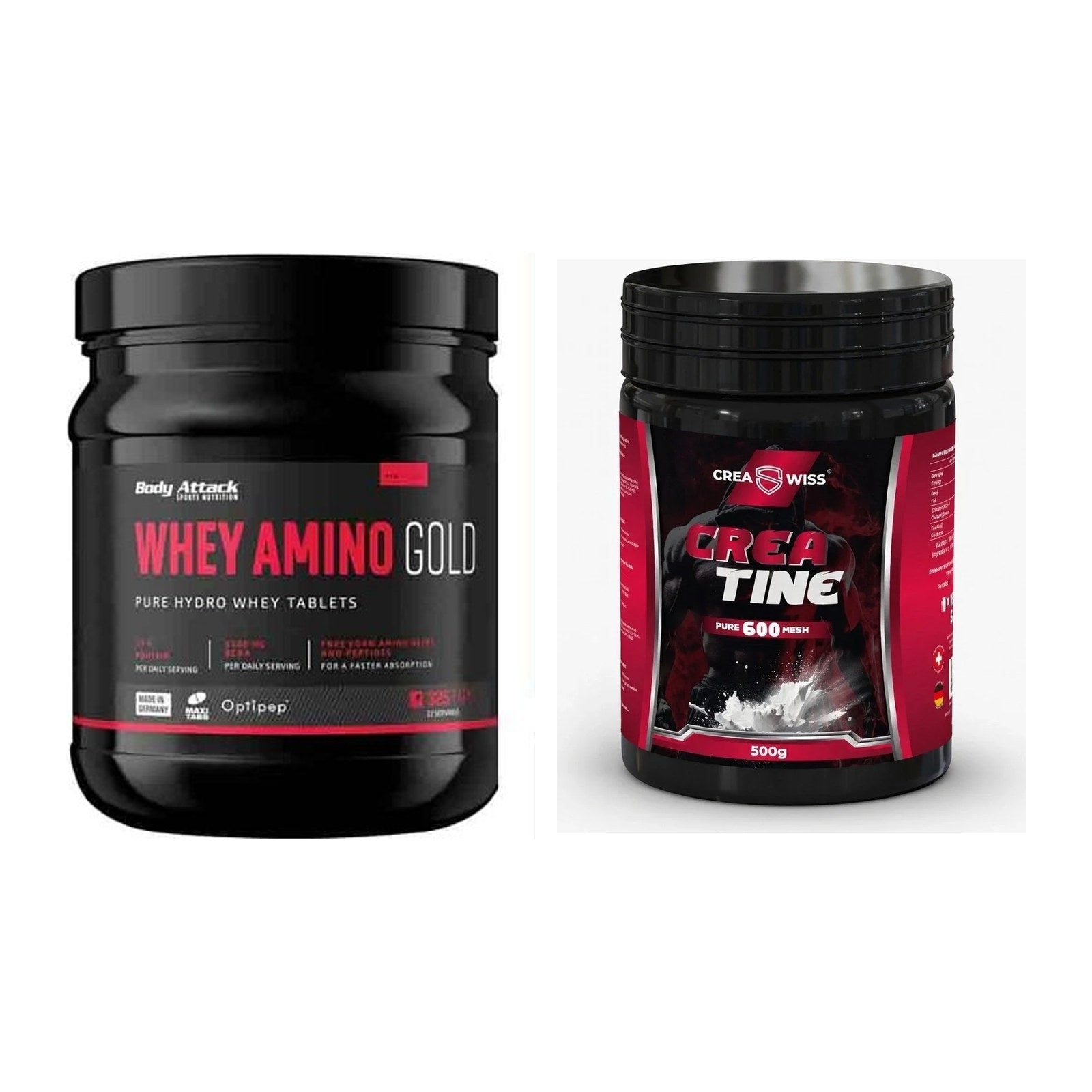 Muskelaufbau-Set: Body Attack Whey Amino + CREASWISS Creatine 600 – alle enthaltenen Artikel