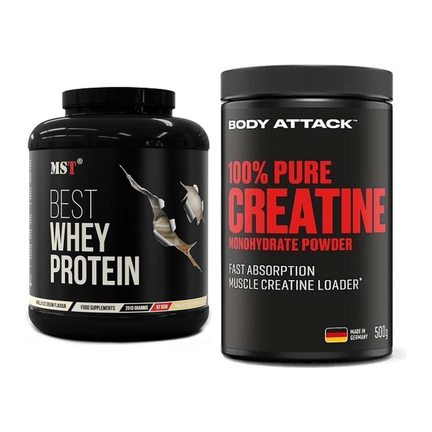 Muskelaufbau-Set: MST Best Whey Protein + Body Attack 100% Pure – alle enthaltenen Artikel