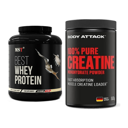Muskelaufbau-Set: MST Best Whey Protein + Body Attack 100% Pure – alle enthaltenen Artikel