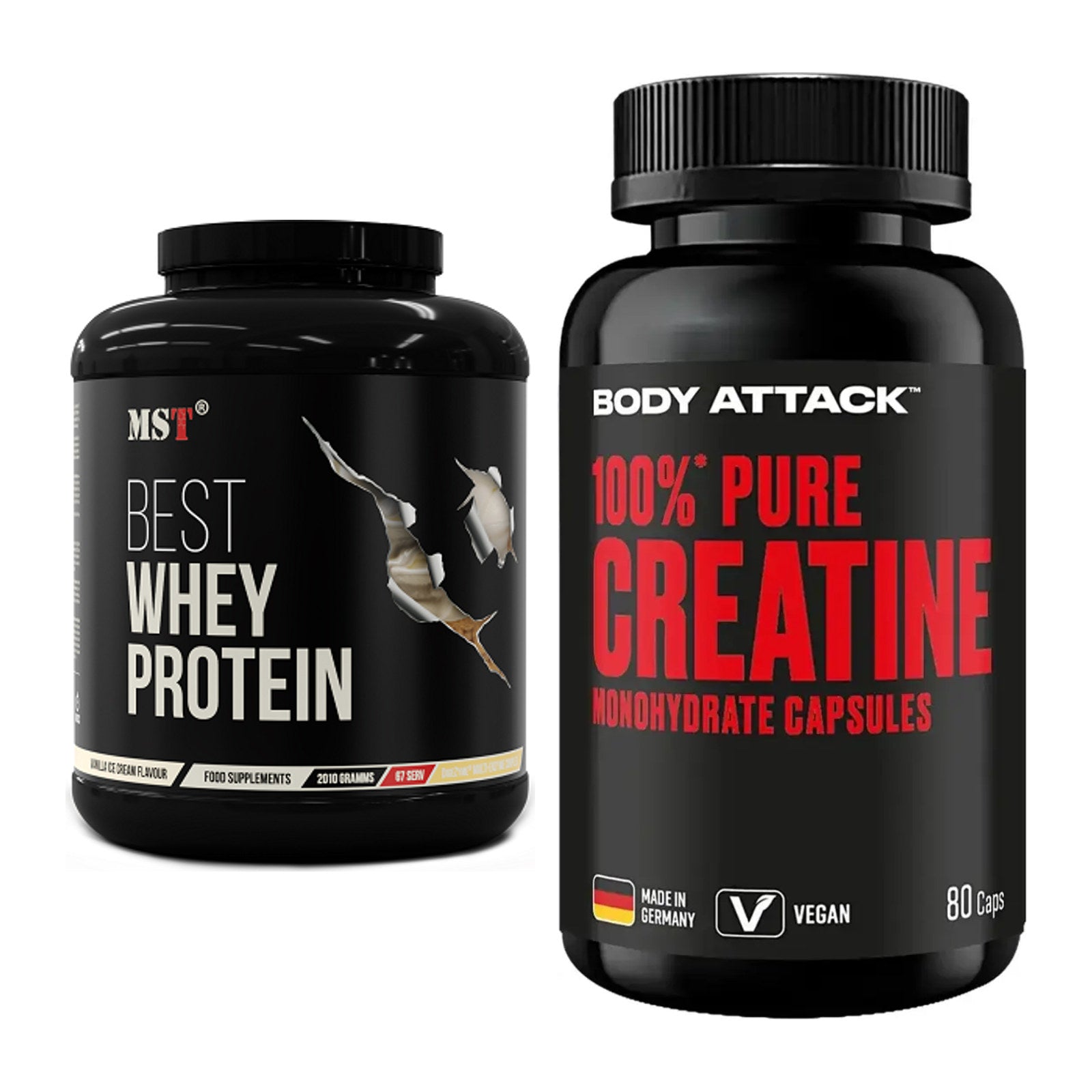 Muskelaufbau-Set: MST Best Whey Protein + Body Attack 100% Pure – alle enthaltenen Artikel