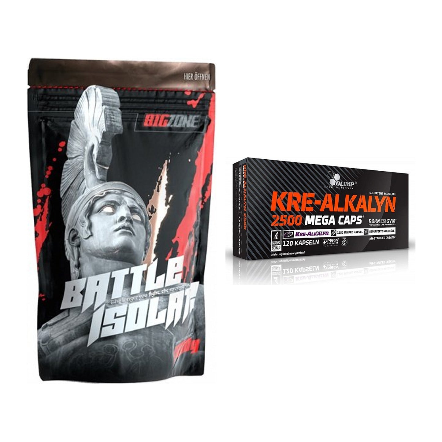 Muskelaufbau-Set: Big Zone Battle Isolate + Olimp Kre Alkalyn 2500 – alle enthaltenen Artikel
