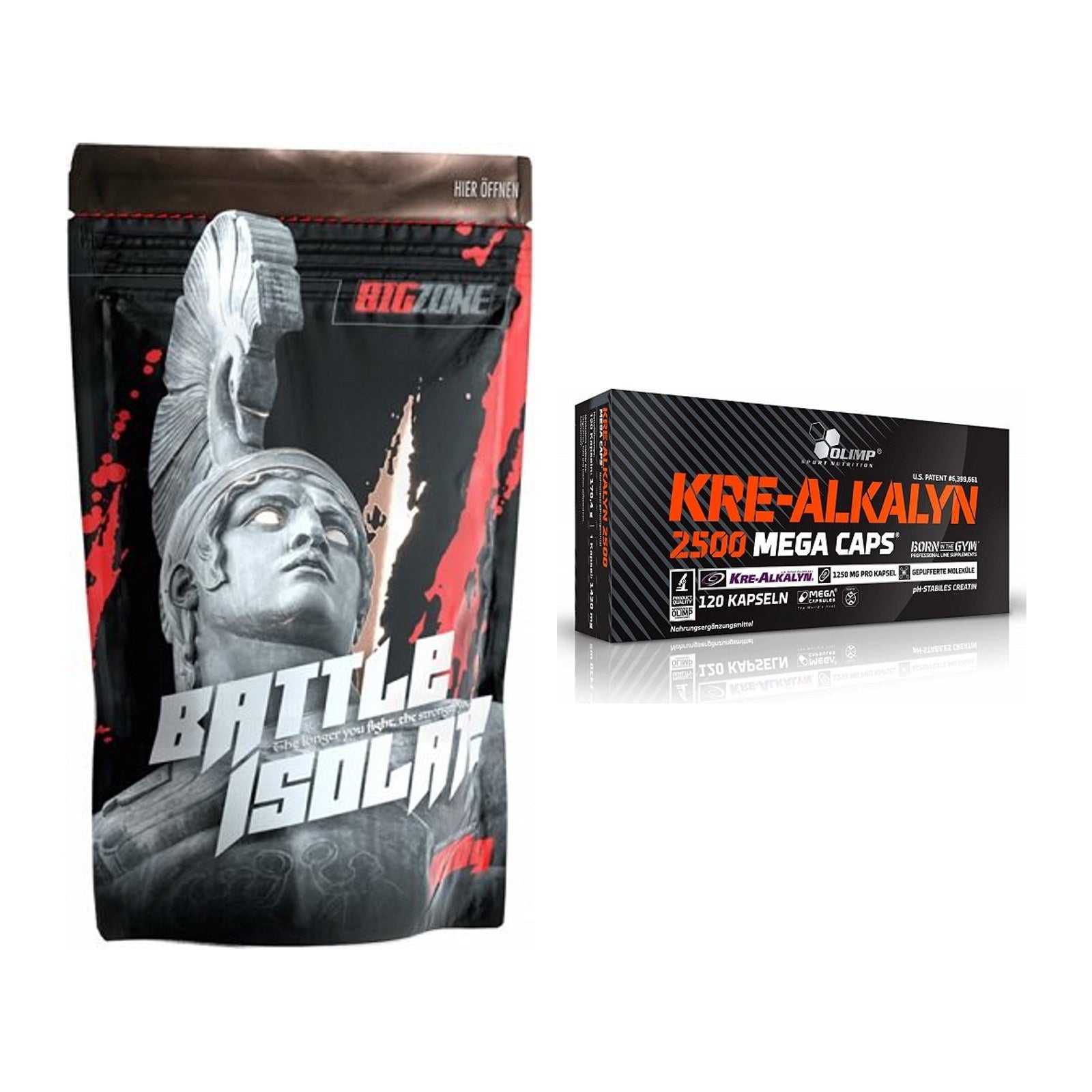 Muskelaufbau-Set: Big Zone Battle Isolate + Olimp Kre Alkalyn 2500 – alle enthaltenen Artikel
