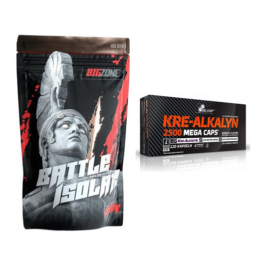 Muskelaufbau-Set: Big Zone Battle Isolate + Olimp Kre Alkalyn 2500 – alle enthaltenen Artikel