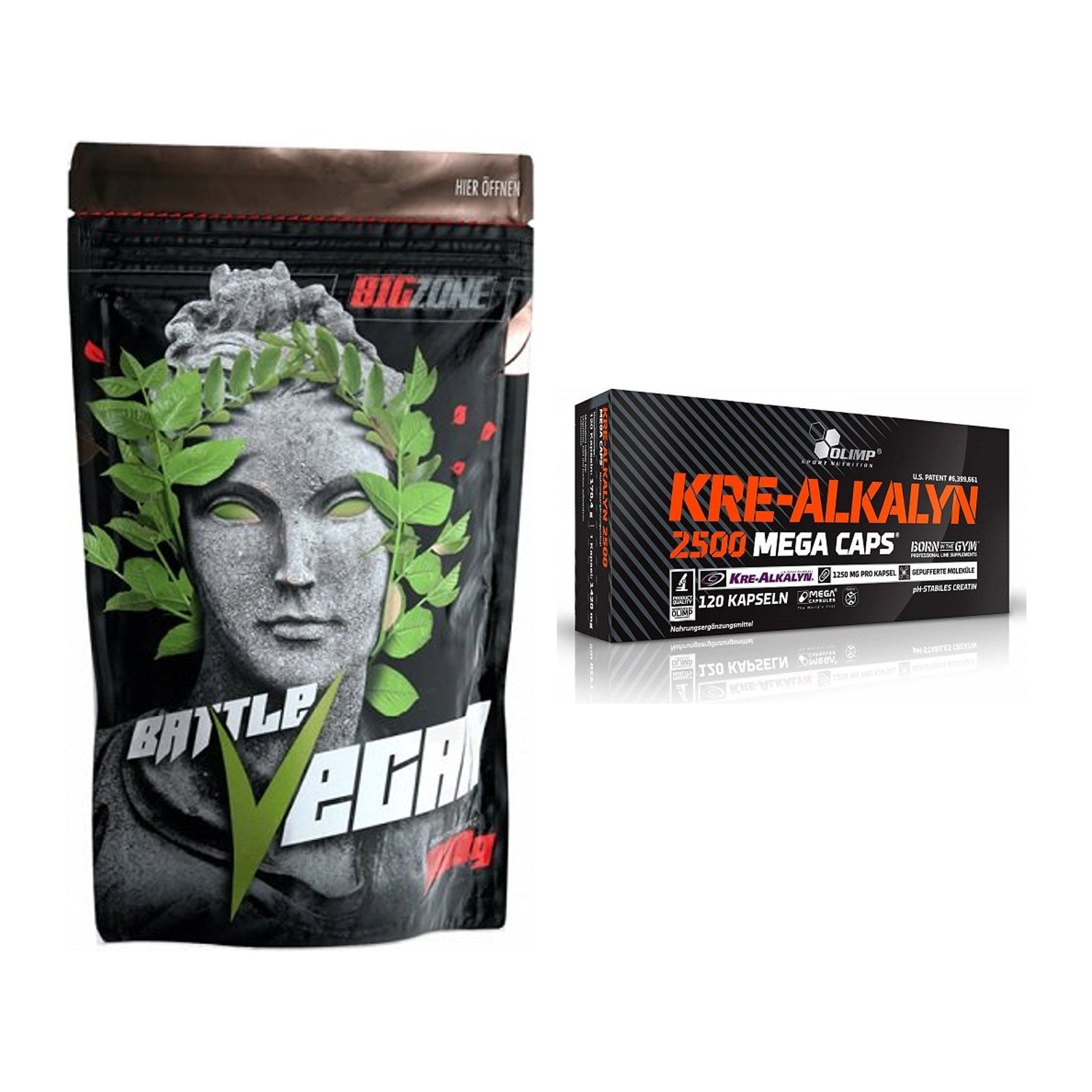 Muskelaufbau-Set: Big Zone Battle Vegan + Olimp Kre Alkalyn 2500 – alle enthaltenen Artikel