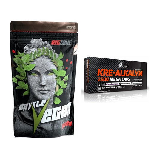 Muskelaufbau-Set: Big Zone Battle Vegan + Olimp Kre Alkalyn 2500 – alle enthaltenen Artikel