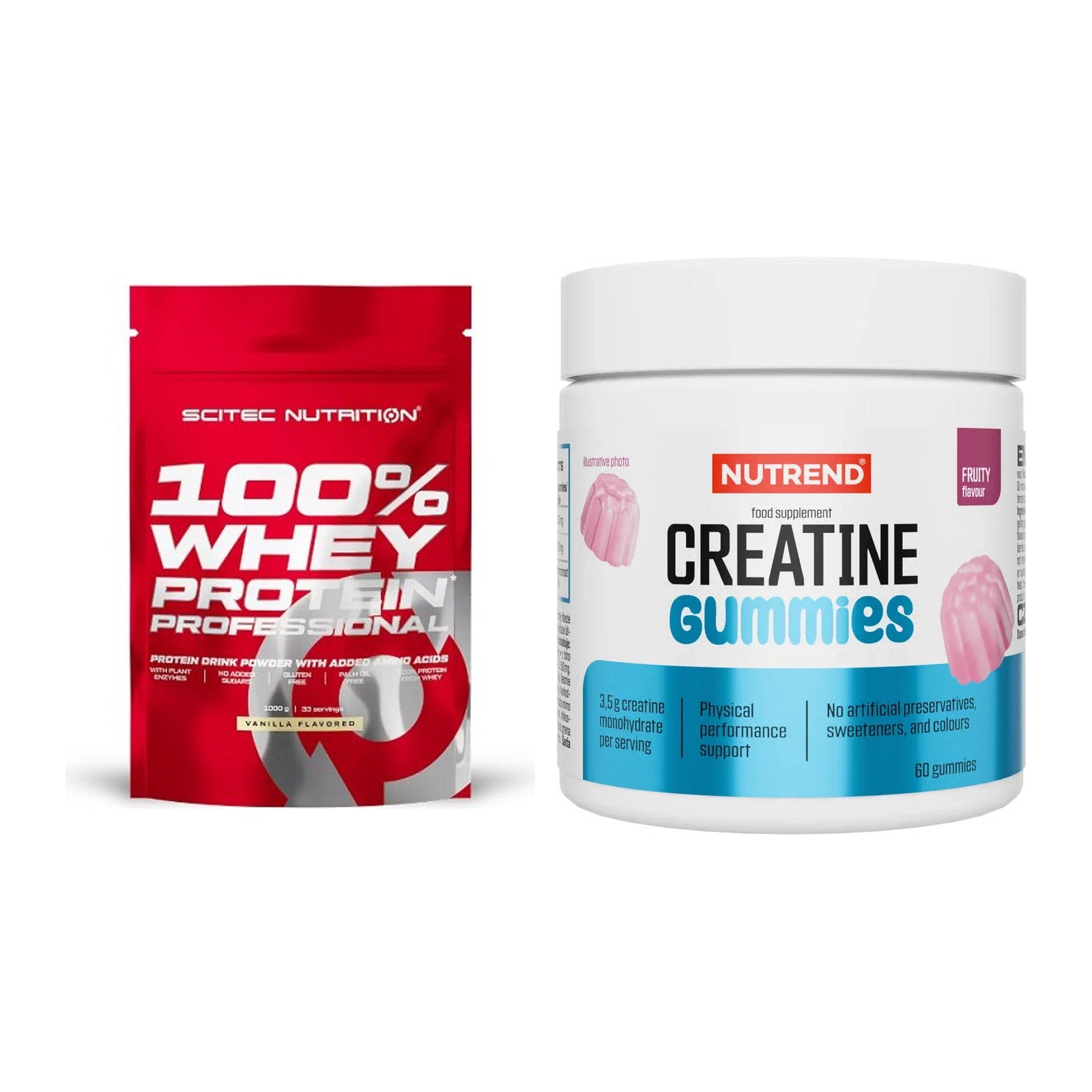 Muskelaufbau-Set: Scitec 100% Whey Protein + Nutrend Creatine Gummies – alle enthaltenen Artikel