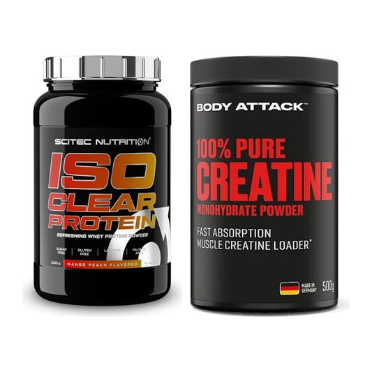 Zestaw do budowy mięśni: Scitec IsoClear Protein + Body Attack 100% Pure - wszystkie elementy w zestawie