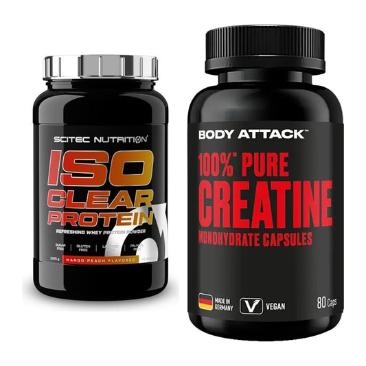 Muskelaufbau-Set: Scitec IsoClear Protein + Body Attack 100% Pure – alle enthaltenen Artikel