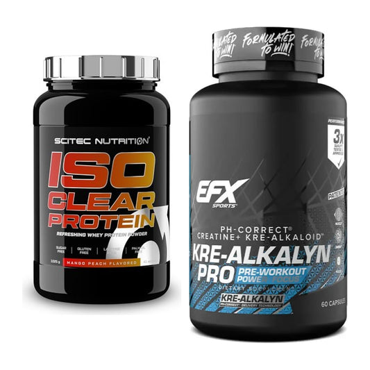 Conjunto de construção muscular: Scitec IsoClear Protein + EFX Kre-Alkalyn PRO - todos os artigos incluídos
