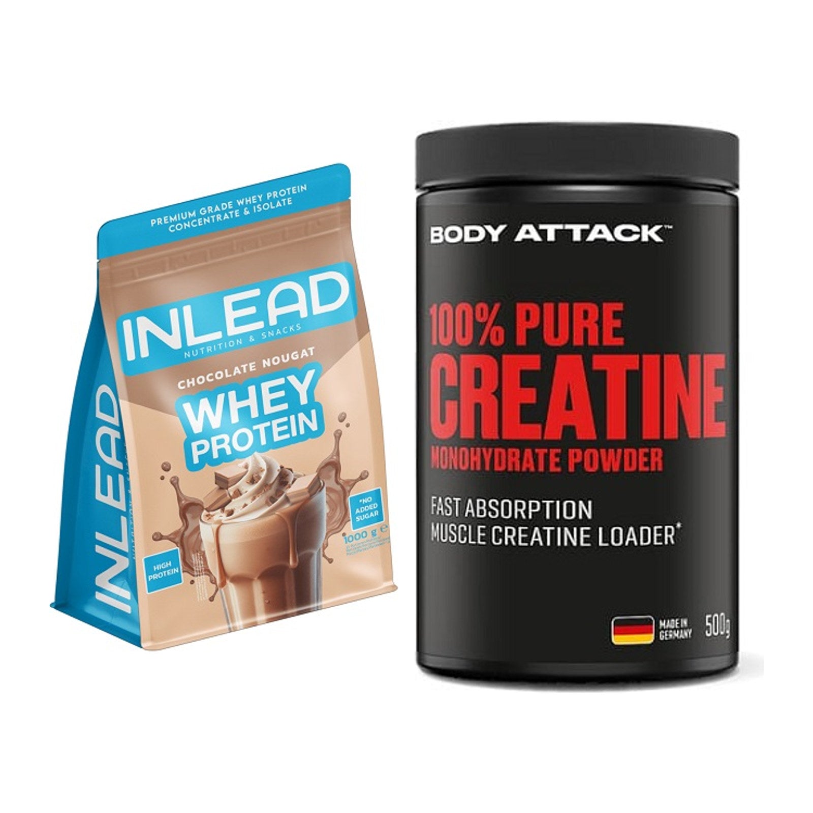 Muskelaufbau-Set: INLEAD Whey Protein + Body Attack 100% Pure Creatine – alle enthaltenen Artikel