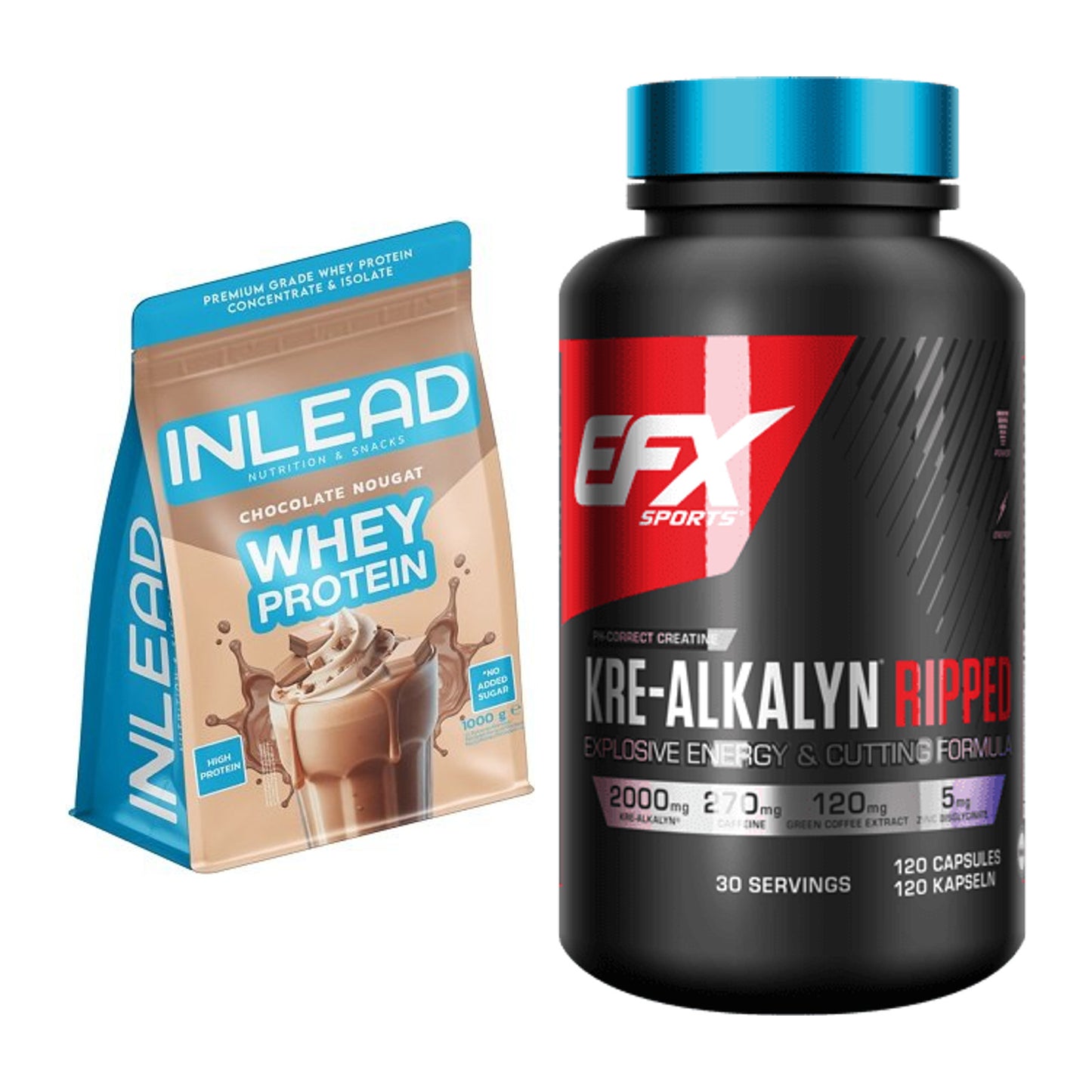 Muskelaufbau-Set: INLEAD Whey Protein + EFX Kre-Alkalyn Ripped Kapsel – alle enthaltenen Artikel