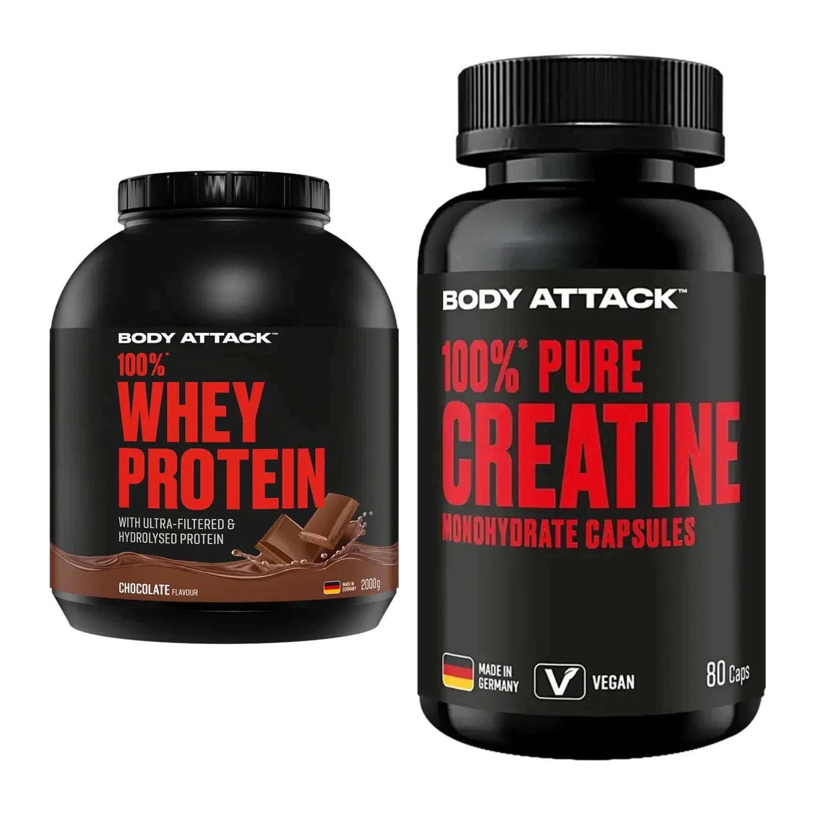Body Attack Muskelaufbau-Set: Attack 100% Whey + Attack 100% Pure – alle enthaltenen Artikel