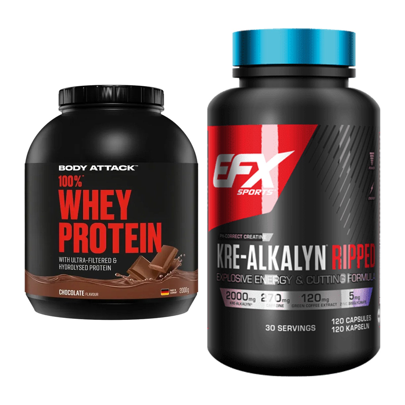 Σετ μυϊκής ανάπτυξης: Body Attack 100% Whey + EFX Kre-Alkalyn Ripped - περιλαμβάνονται όλα τα αντικείμενα