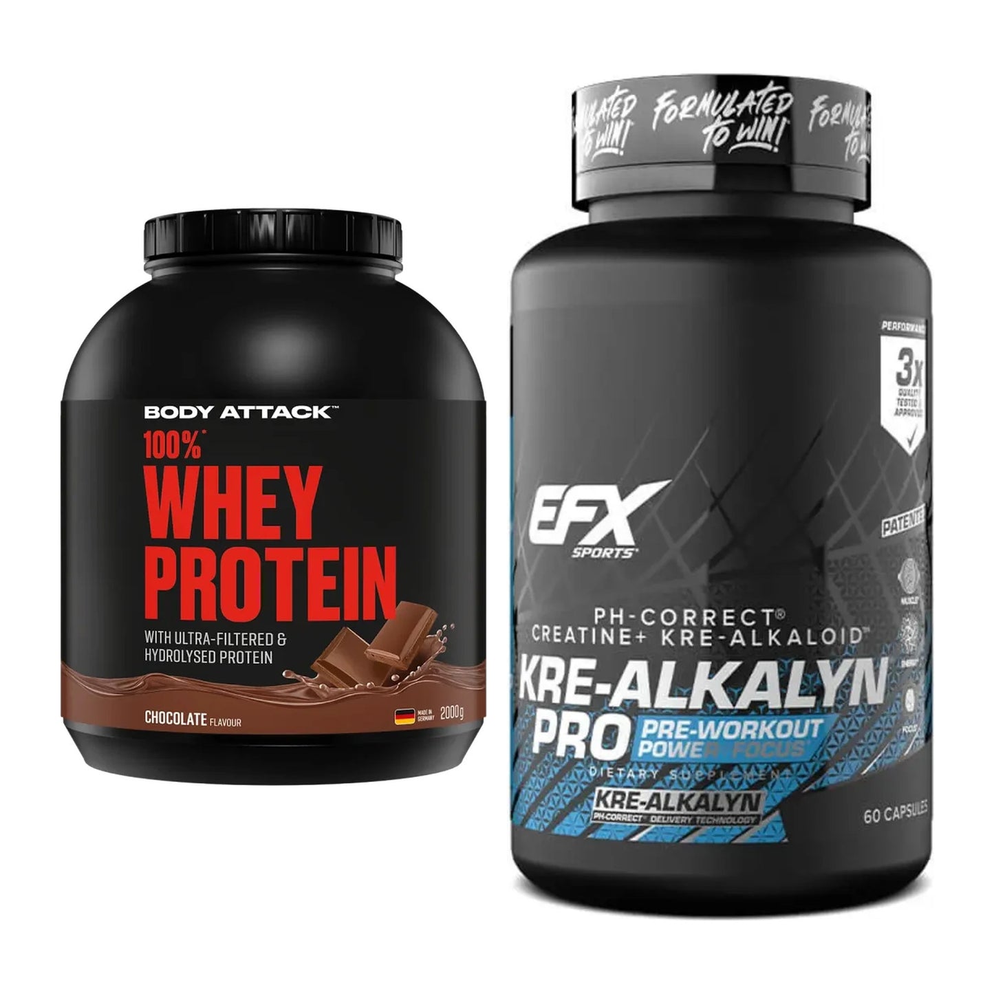 Muskelaufbau-Set: Body Attack 100% Whey Protein + EFX Kre-Alkalyn PRO – alle enthaltenen Artikel