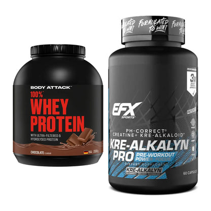 Muskelaufbau-Set: Body Attack 100% Whey Protein + EFX Kre-Alkalyn PRO – alle enthaltenen Artikel