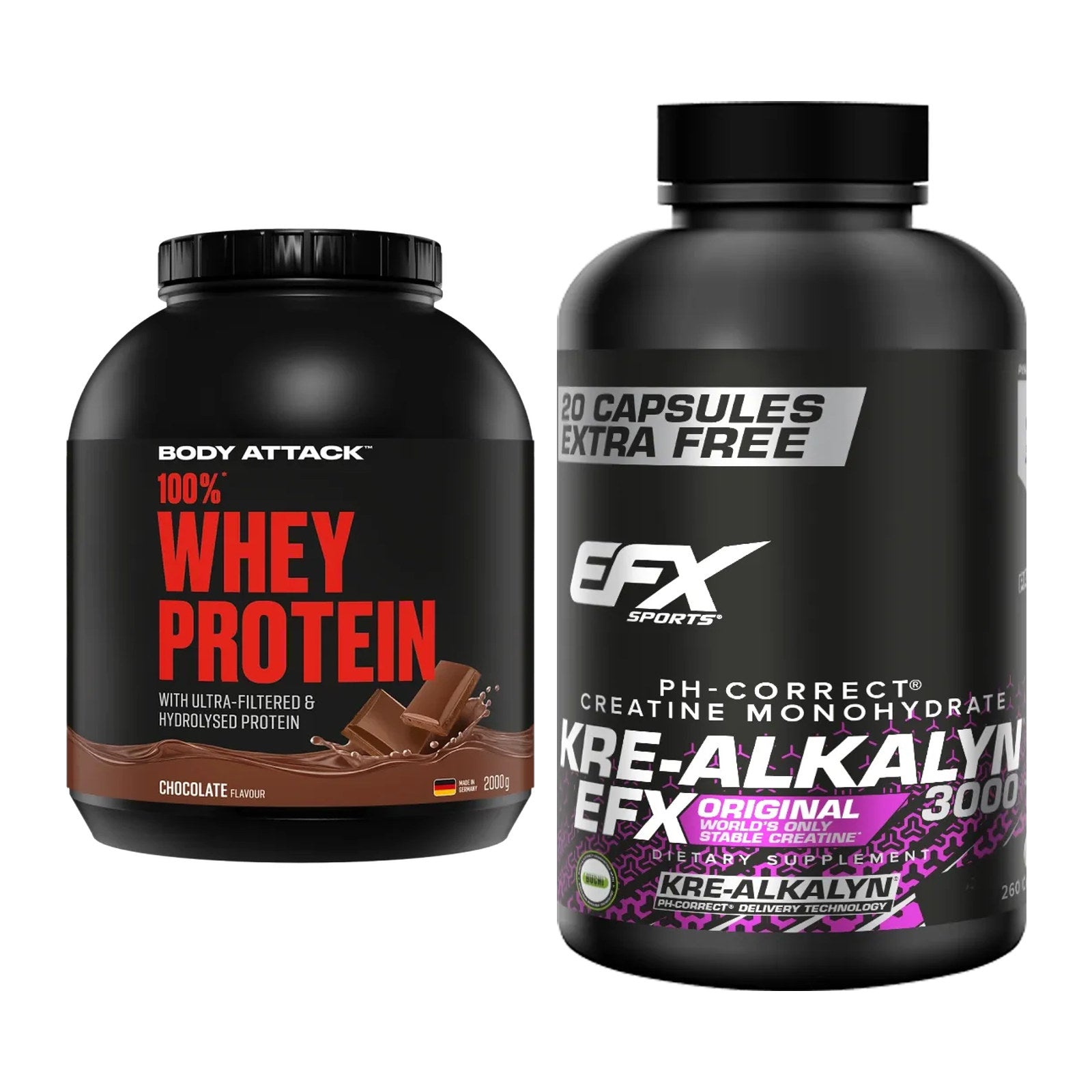 Muskelaufbau-Set: Body Attack 100% Whey Protein + EFX Kre-Alkalyn 3000 – alle enthaltenen Artikel