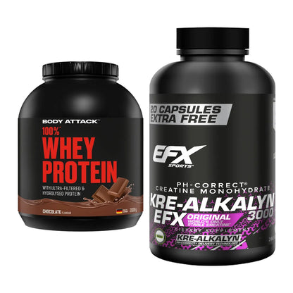 Muskelaufbau-Set: Body Attack 100% Whey Protein + EFX Kre-Alkalyn 3000 – alle enthaltenen Artikel
