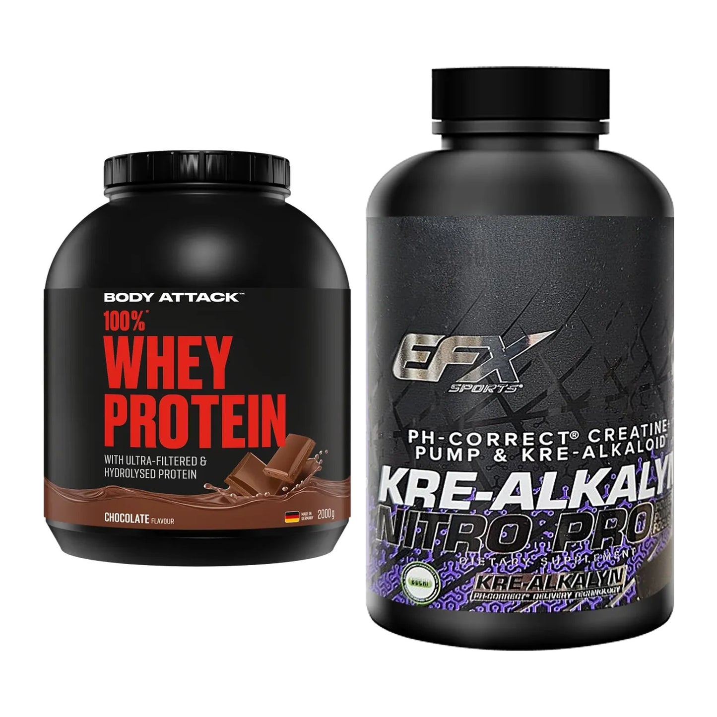Muskelaufbau-Set: Body Attack 100% Whey + EFX Kre-Alkalyn PRO 120 – alle enthaltenen Artikel