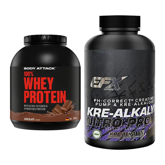 Muskelaufbau-Set: Body Attack 100% Whey + EFX Kre-Alkalyn Nitro – alle enthaltenen Artikel