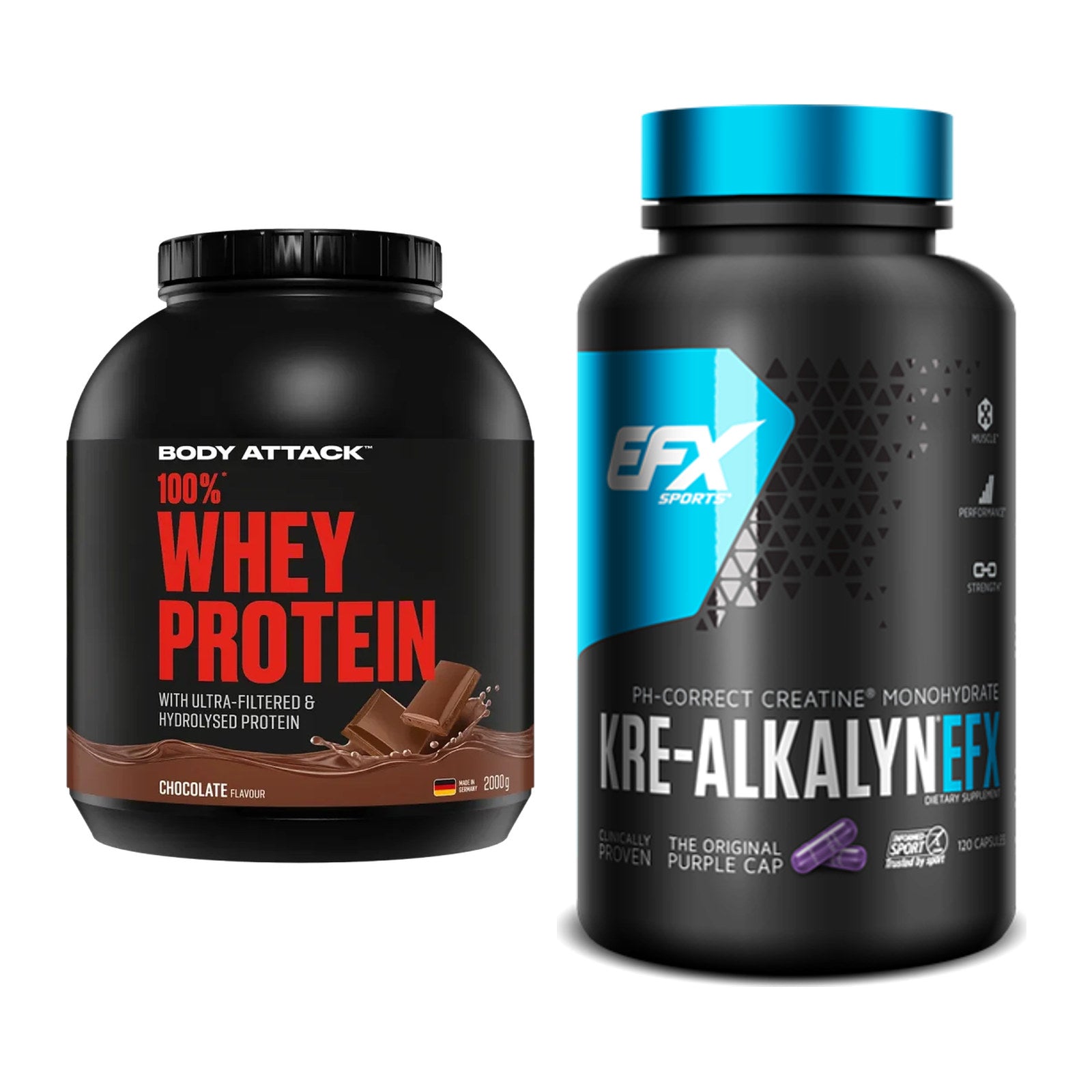 Muskelaufbau-Set: Body Attack 100% Whey Protein + EFX Kre-Alkalyn – alle enthaltenen Artikel