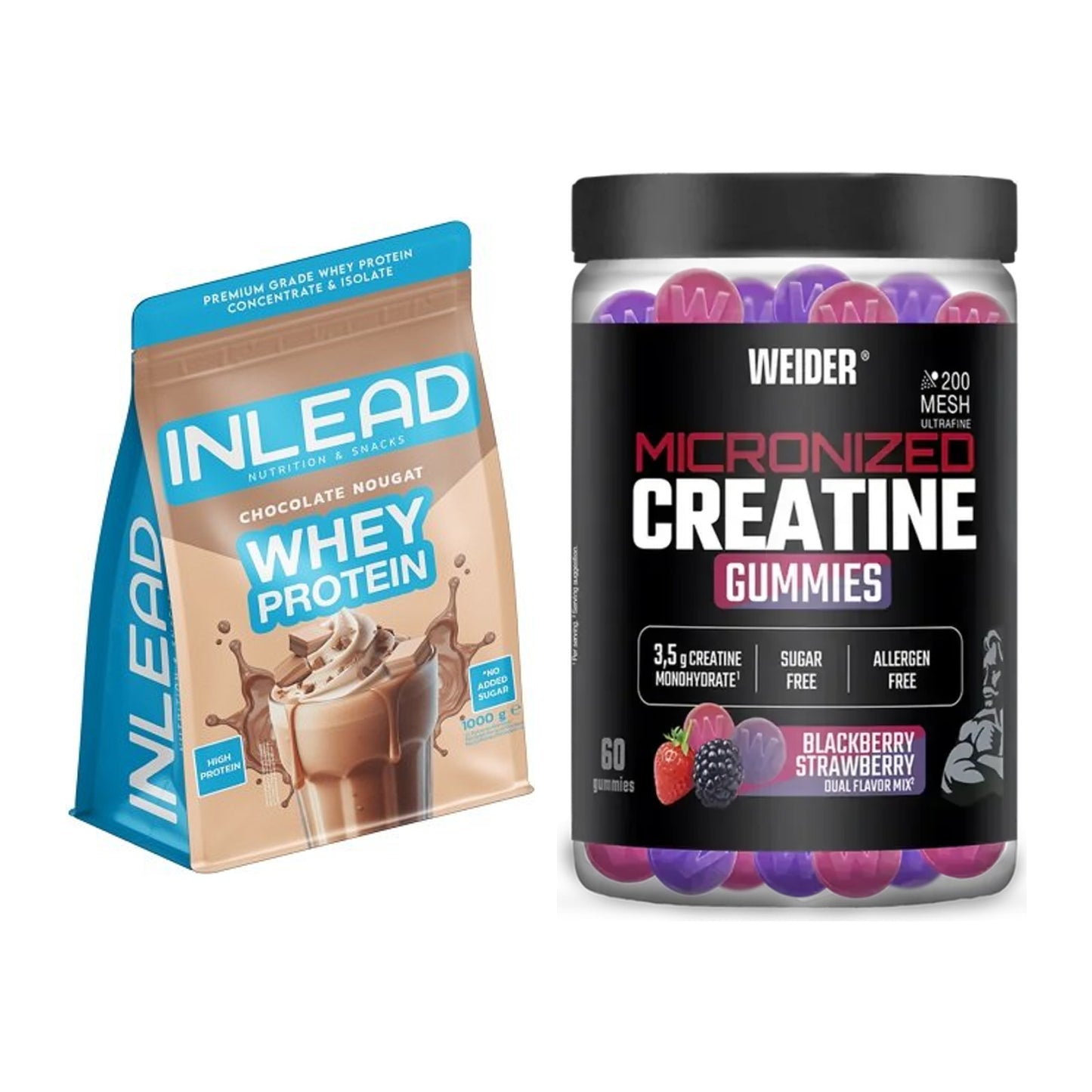 Muskelaufbau-Set: INLEAD Whey Protein + Weider Micronized – alle enthaltenen Artikel