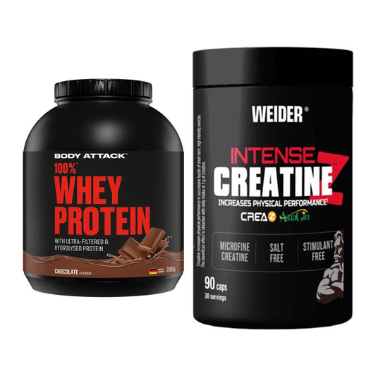 Muskelaufbau-Set: Body Attack 100% Whey + Weider Intense Pure – alle enthaltenen Artikel