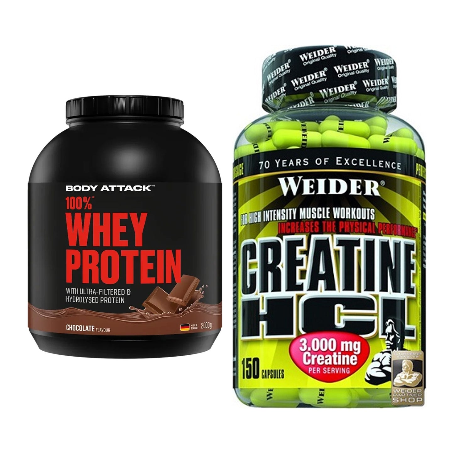 Muskelaufbau-Set: Body Attack 100% Whey Protein + Weider Creatin HCL – alle enthaltenen Artikel