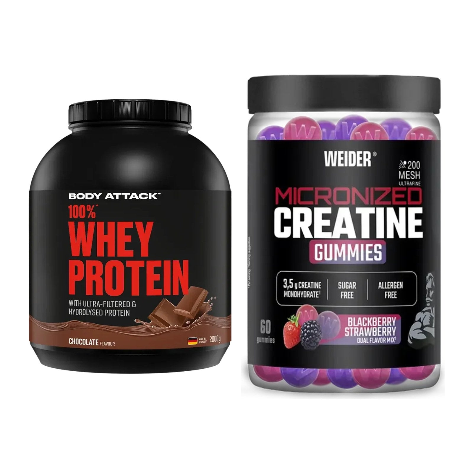 Muskelaufbau-Set: Body Attack 100% Whey + Weider Micronized – alle enthaltenen Artikel