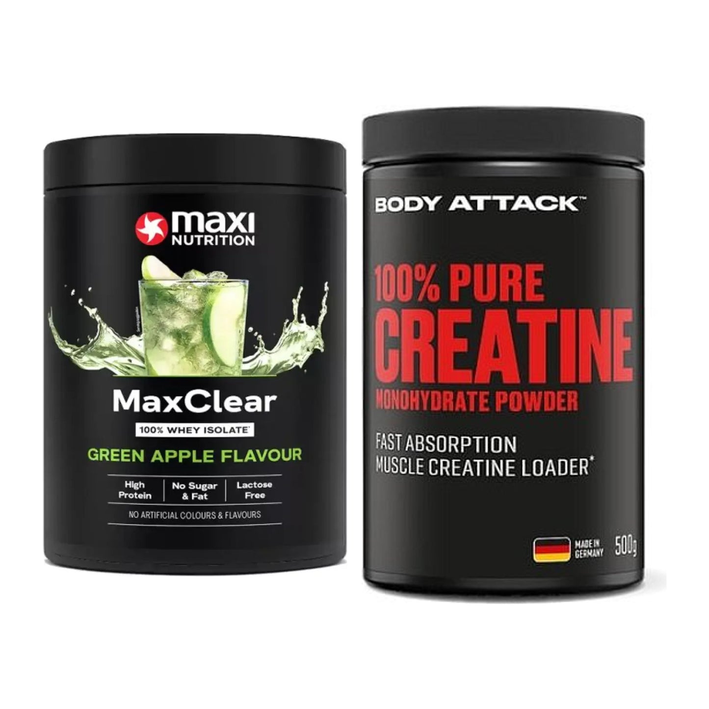 Muskelaufbau-Set: MaxiNutrition MaxClear + Body Attack 100% Pure – alle enthaltenen Artikel