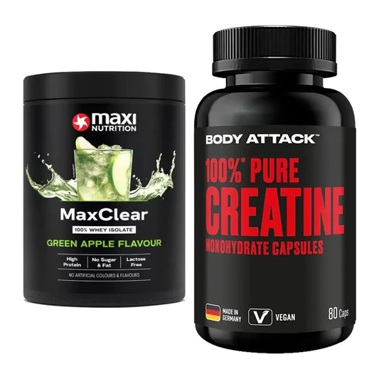Muskelaufbau-Set: MaxiNutrition MaxClear + Body Attack 100% Pure – alle enthaltenen Artikel