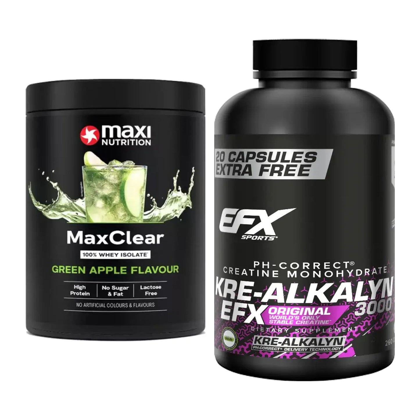 Muskelaufbau-Set: MaxiNutrition MaxClear + EFX Kre-Alkalyn 3000 – alle enthaltenen Artikel