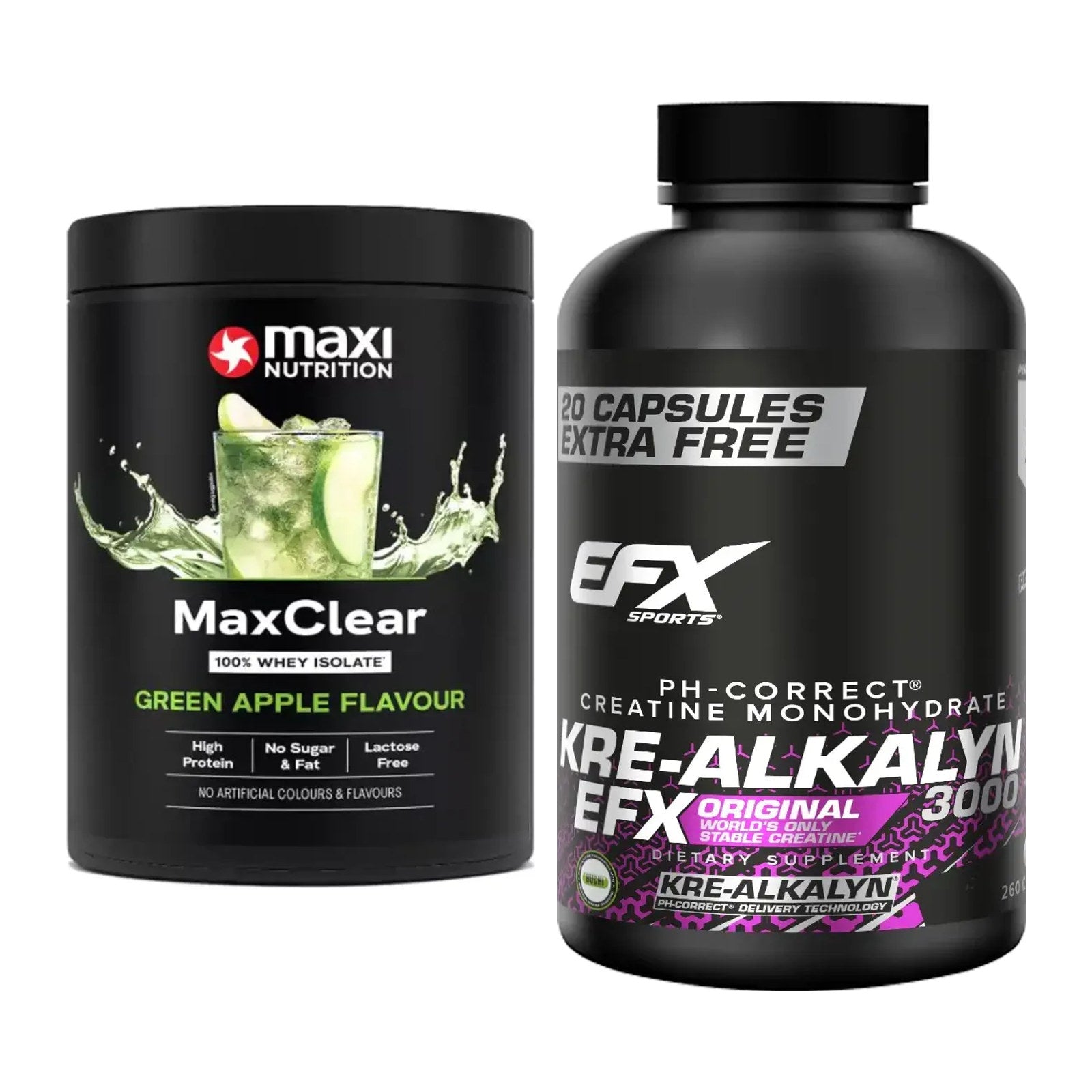 Muskelaufbau-Set: MaxiNutrition MaxClear + EFX Kre-Alkalyn 3000 – alle enthaltenen Artikel