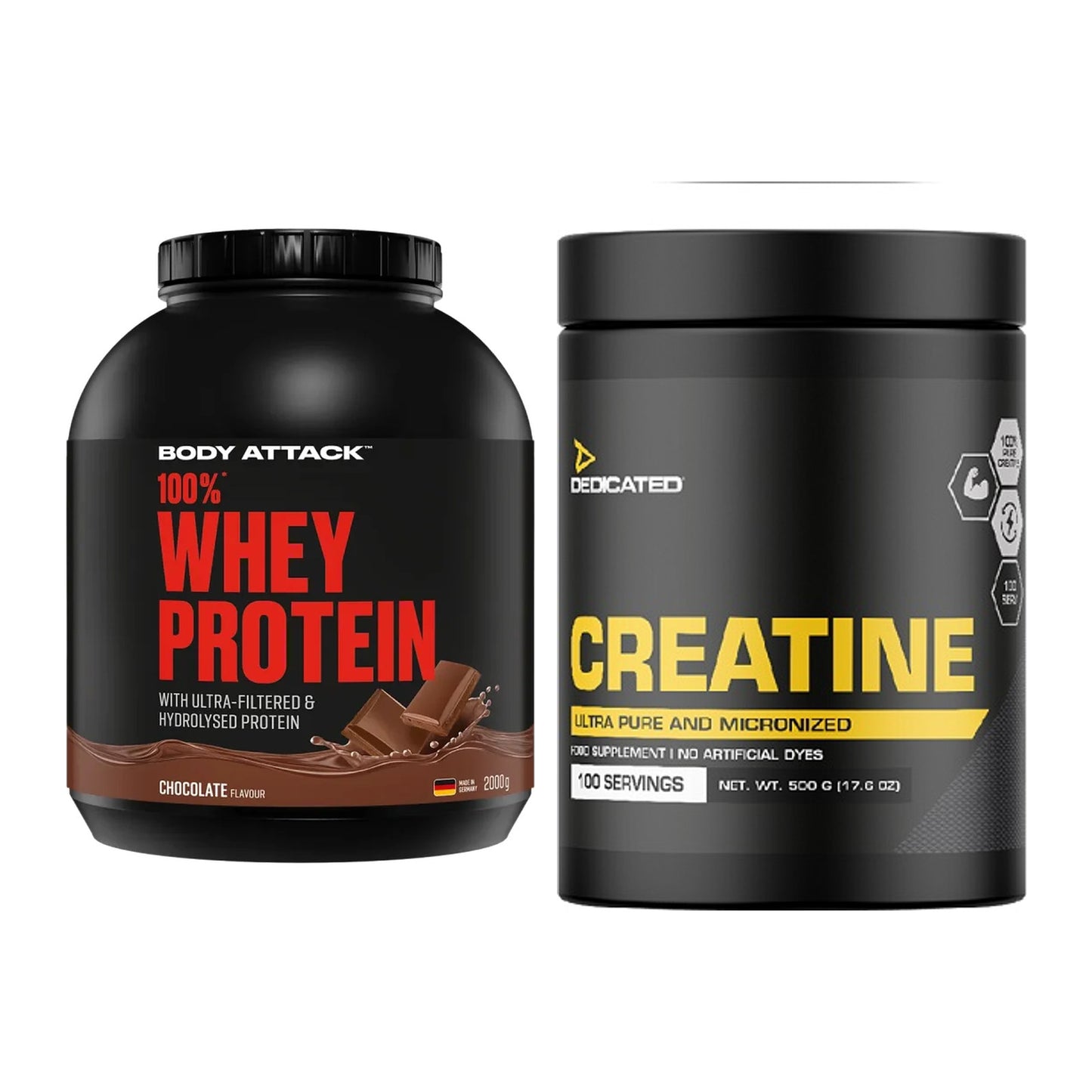 Muskelaufbau-Set: Body Attack 100% Whey Protein + Dedicated Creatine – alle enthaltenen Artikel