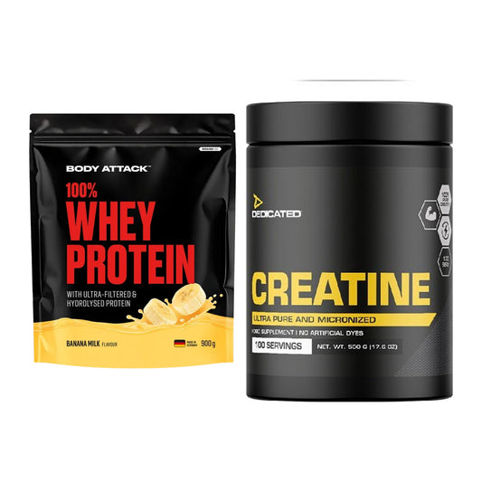 Muskelaufbau-Set: Body Attack 100% Whey + Dedicated Creatine – alle enthaltenen Artikel