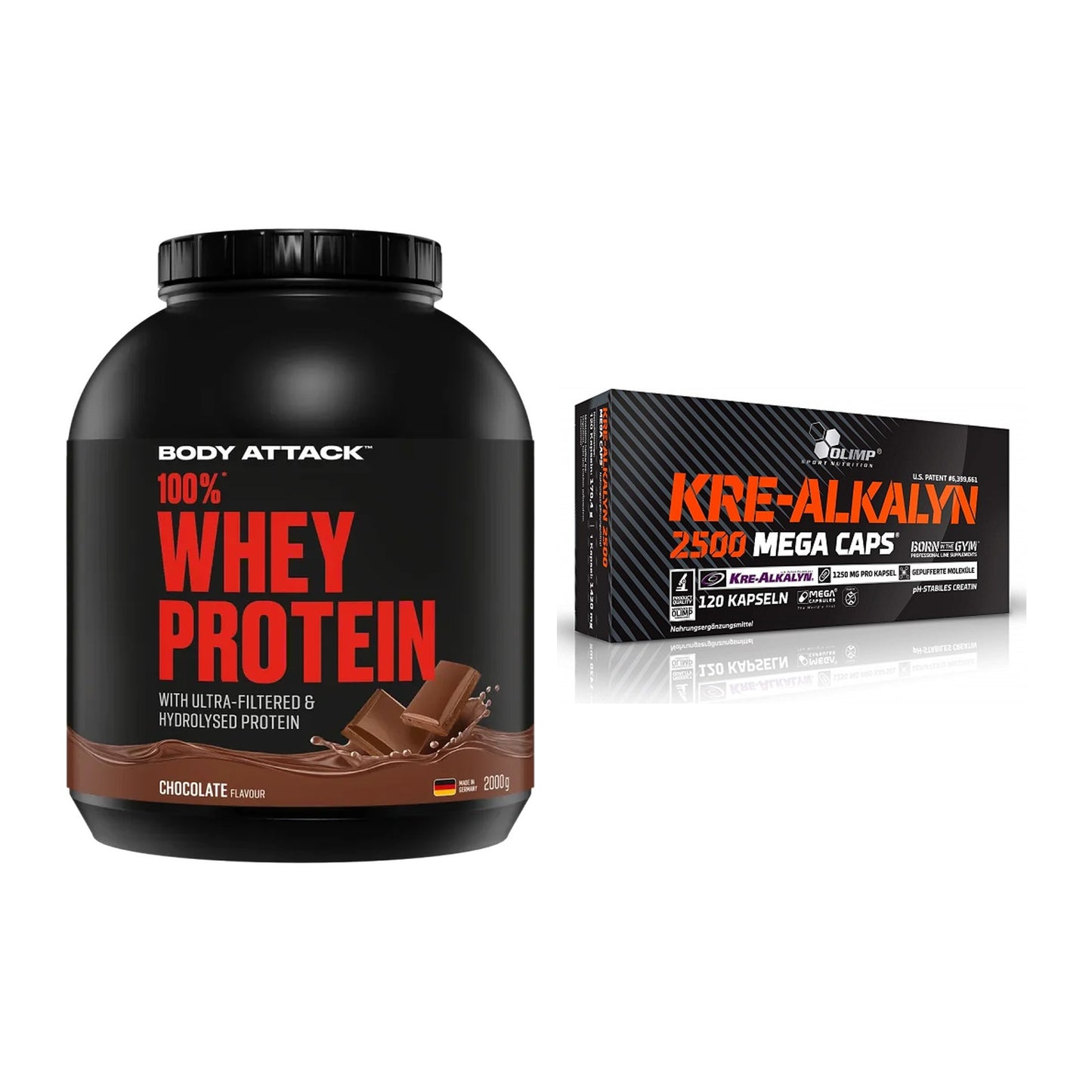Muskelaufbau-Set: Body Attack 100% Whey + Olimp Kre Alkalyn 2500 – alle enthaltenen Artikel