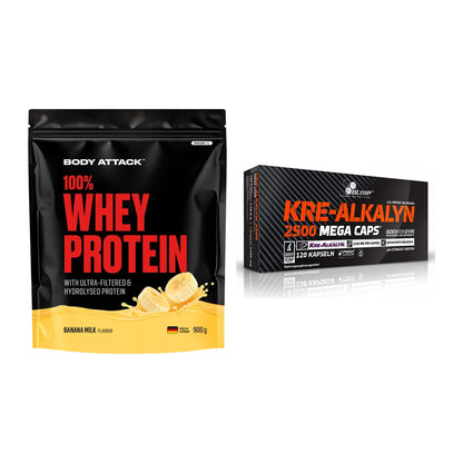 Muskelaufbau-Set: Body Attack 100% Whey + Olimp Kre Alkalyn 2500 – alle enthaltenen Artikel